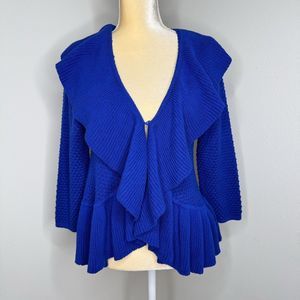 Ruby Rd Womens Ruffled Knit Cardigan Sz L 3/4 Sleeve Blue Casual Sweater